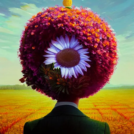 Prompt: giant daisy flower head, portrait, a girl in a suit, surreal photography, sunrise, dramatic light, impressionist painting, digital painting, artstation, simon stalenhag