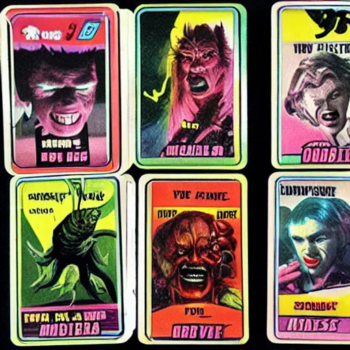 Prompt: movie monster bubble gum cards from the 5 0 s to the 7 0 s