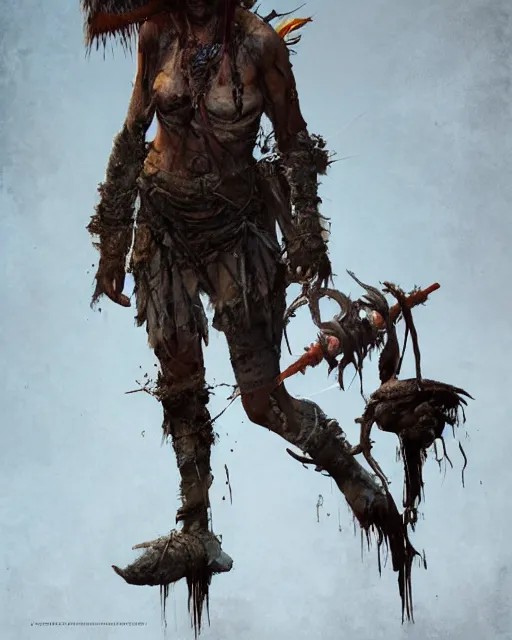 Prompt: hyper realistic photo of postapocalyptic cannibal scavenger shaman woman, full body, cinematic, artstation, cgsociety, greg rutkowski, james gurney, mignola, craig mullins, brom,