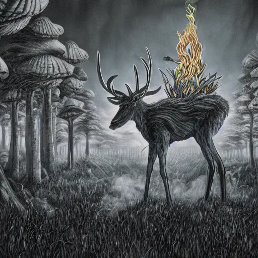 Image similar to 4 k headshot portrait of a psychedelic demonic anthropomorphic deer - horned wendigo smoking a hand - rolled cigarette smoking heavily, magic mushroom village in background. award winning. superb resolution. in the art style of junji ito and greg rutkowski. detailed mushroom city in background. hyper realistic anime. perfect art. dalle 2