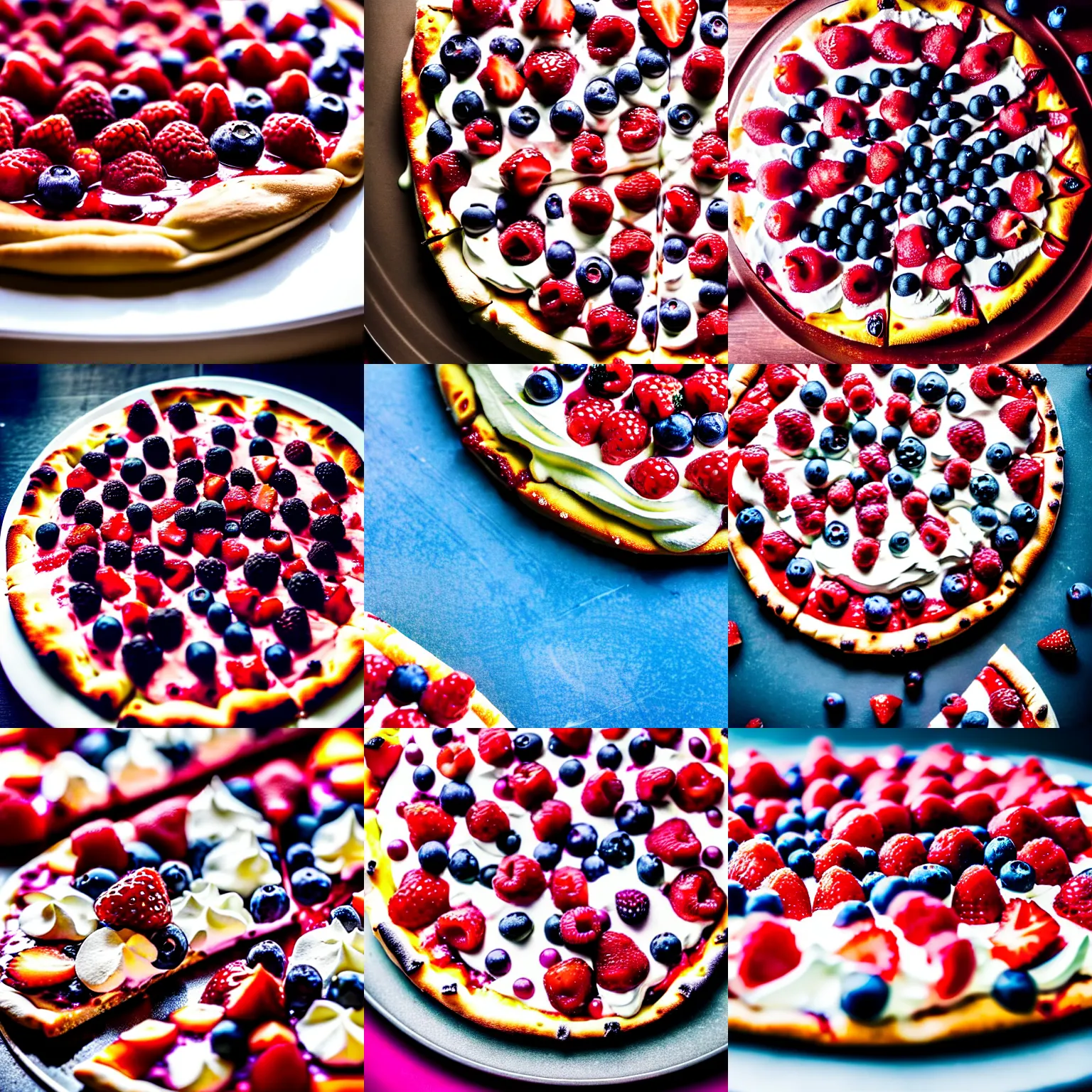 Prompt: a photo of berry pizza topped with whipped cream, food, close - up, delicious, vibrant, vivid saturation, dramatic lighting, hd