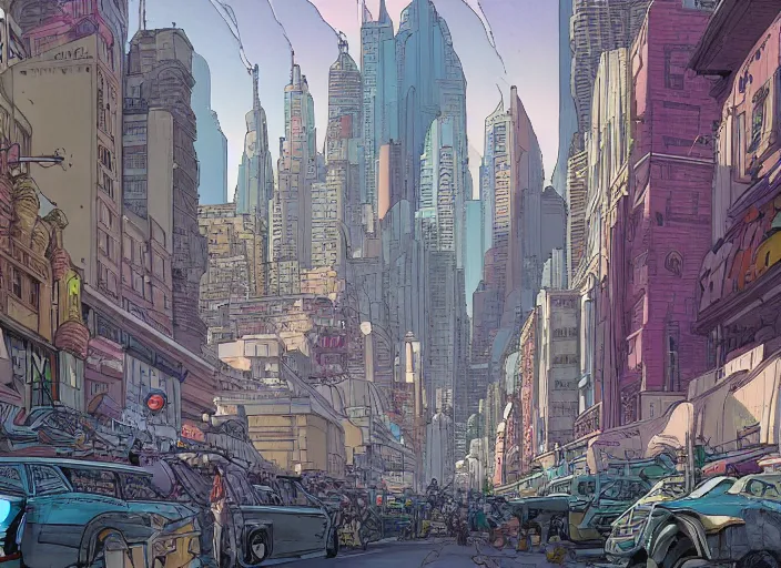 Image similar to close up view of a bustling city street on an alien planet by jeff darrow and moebius, earth and pastel colors, dramatic perspective, detailed, realistic, masterpiece, 4 k, 8 k
