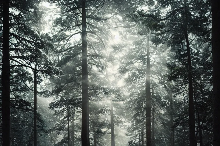 Image similar to portrait of pine trees in a forest during a blizzard. shadow and light. rays of light. energetic, dynamic, lively, detailed, intricate, complex. fine art by hayao miyazaki, akira toriyama, makoto shinkai, and ohara koson. studio lighting. tilt and shift lens. bokeh.