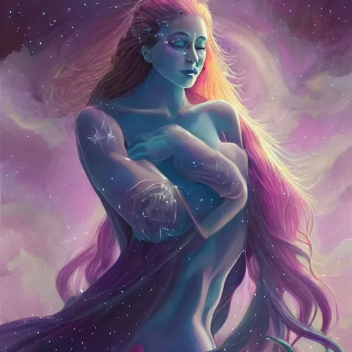 Prompt: cosmic tailor, ethereal, full-body portrait, astral background, science fantasy, portrait, highly detailed, digital painting, artstation, concept art, sharp focus, illustration, art by terese nielsen and livia prima and magali villeneuve