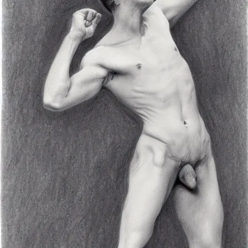 Prompt: an artistic pencil study of a young male body, full body, dynamic pose, berne hogarth, david hockney