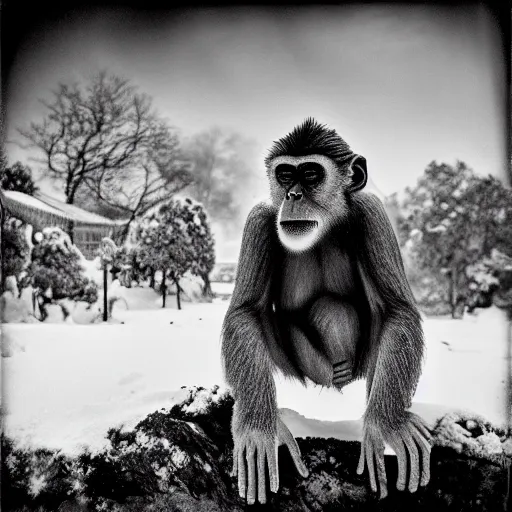 Prompt: Award winning photograph of a gigantic ancient monkey emerging from the snow to destroy time. Vintage large format film photograph