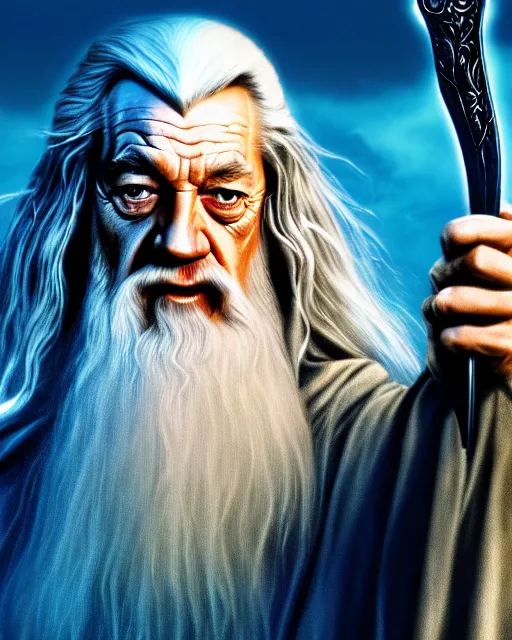 Prompt: Gandalf from Lord of the rings, Cover art by Stephen Bliss, boxart, loading screen, 8K resolution