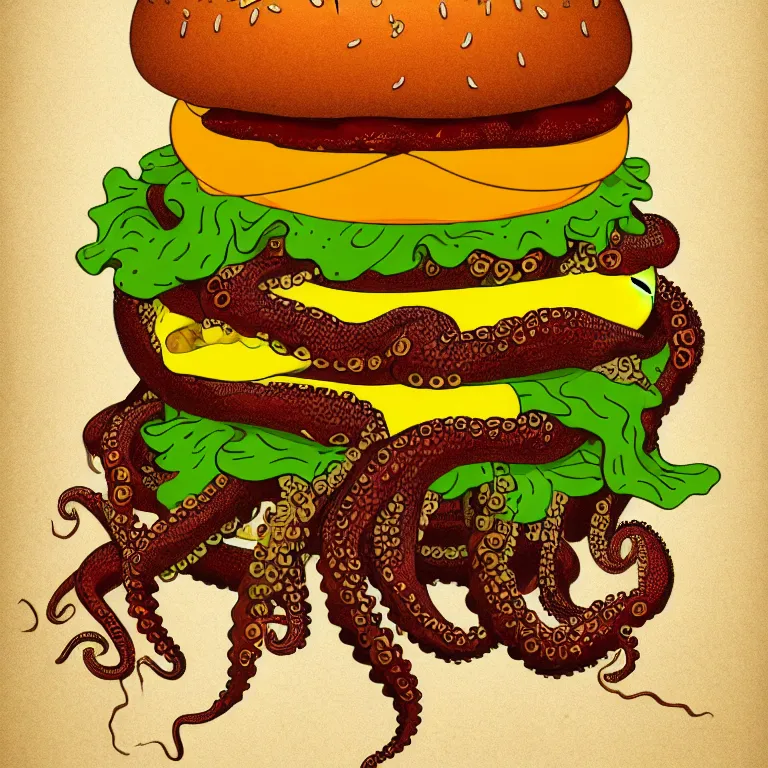 Image similar to illustration of a an octopus inside a cheeseburger, highly detailed, 8 k, vintage, screen print, trending on artstation