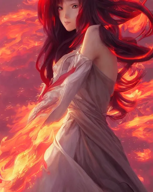 Image similar to red eyed beautiful long haired anime girl, fire dress, full body photo, flames everywhere, highly detailed, digital painting, artstation, concept art, smooth, sharp focus, illustration, art by artgerm and greg rutkowski and alphonse mucha