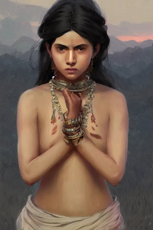 Prompt: rpg character art of hindu woman, half body shot, gorgeous face, by jeremy lipking, by studio ghibli, by disney, video game fanart, digital art