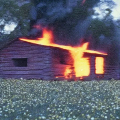 Image similar to vhs 1 9 8 0 s footage of a scene from the movie midsommar a - line shaped wooden building on fire, field of flowers