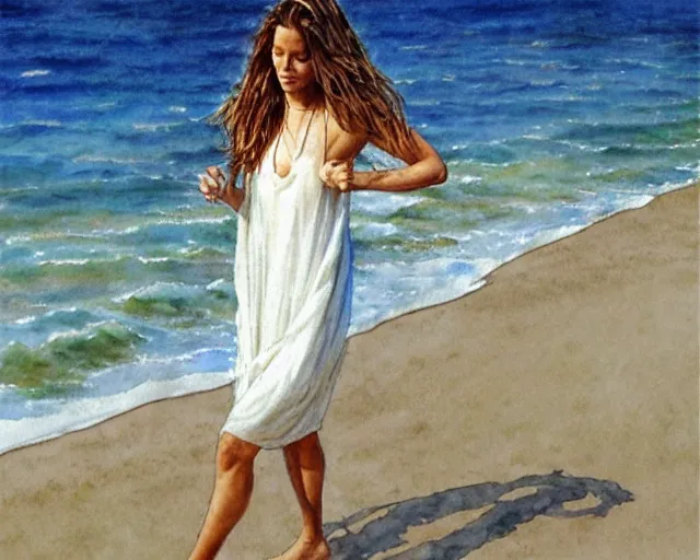 Image similar to a photorealistic watercolor of a woman with translucent white dress walking by the beach, by Steve Hanks, highly detailed and realistic, intricate HD, emotional realism