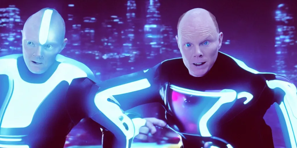 Image similar to a film still of Bill burr in Tron, high quality