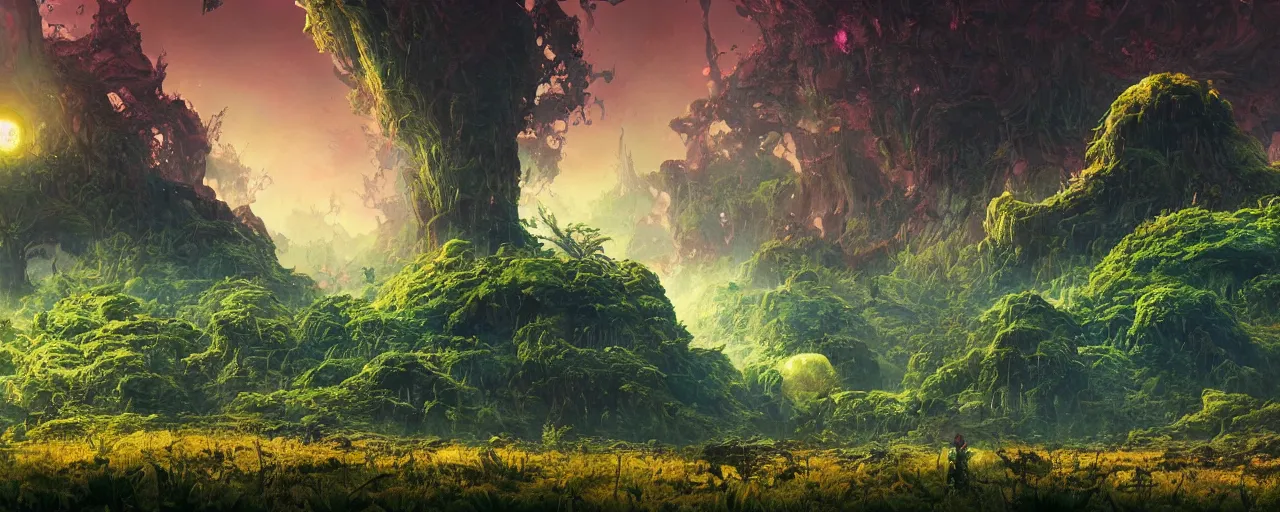 Image similar to ” mysterious alien landscape covered in foliage, [ lush, cinematic, detailed, epic, widescreen, opening, establishing, mattepainting, photorealistic, realistic textures, octane render, art by slop and paul lehr ] ”