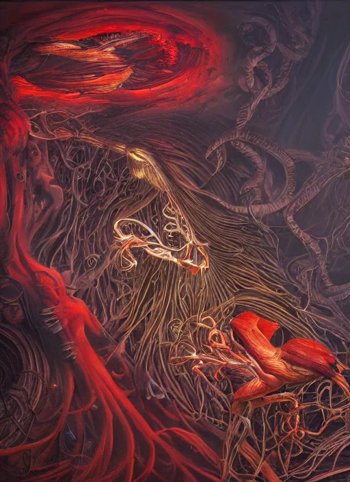 Image similar to an anatomical oil painting of a bioluminescent Bird from a medical journal by Nychos, Julie Bell, Peter Mohrbacher highly detailed, 8k, birds, mushrooms, flowing fabric, splashes of red, dramatic lighting