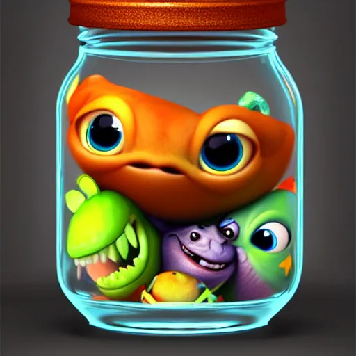 Image similar to cutie creature in a jar, digital art, 3 d, maya render, masterpiece, mega detailed, pixar, disney, vivid illustration, fantasy