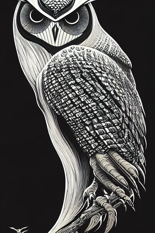 Image similar to side view of a majestic owl, high details, bold line art, by vincent di fate and joe fenton, inking, etching, screen print, masterpiece, trending on artstation, sharp, high contrast, hyper - detailed,, hd, 4 k, 8 k