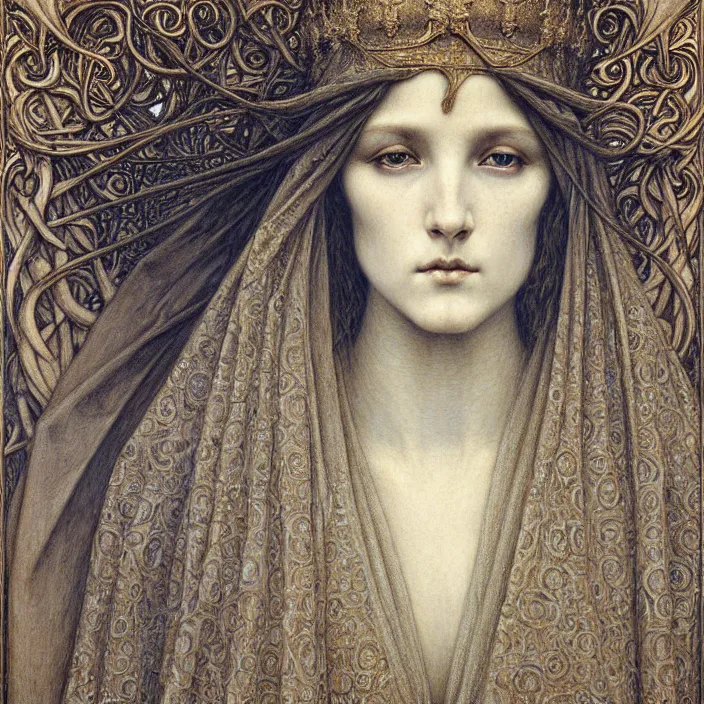 Image similar to detailed realistic beautiful young medieval queen face portrait by jean delville, gustave dore and marco mazzoni, art nouveau, symbolist, visionary, gothic, pre - raphaelite. horizontal symmetry