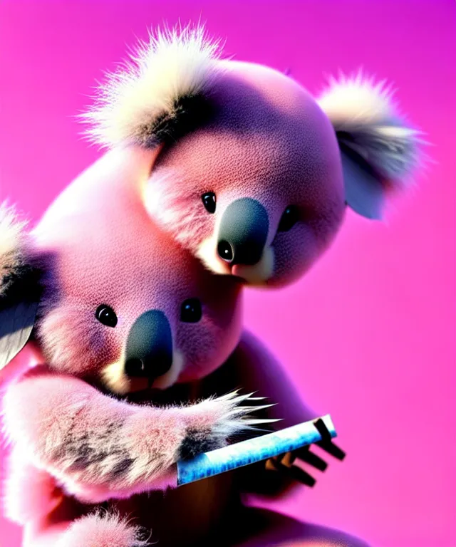 Image similar to high quality 3 d render hyperrealistic very cute small pink koala smoking weed joint, rising smoke, plush mascot, short spiky dense fluffy smooth hair, photo from the side, pink fluffy fur, 1 5 0 mm, beautiful natural soft light, rim light, vray, smooth background, artstation, ultra detailed