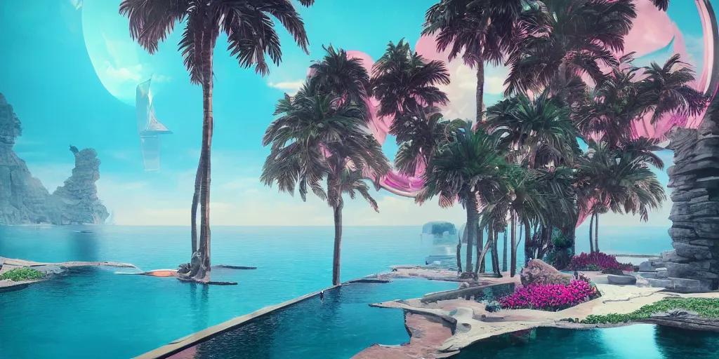 Prompt: Beeple masterpiece, hyperrealistic surrealism, award winning masterpiece with incredible details, epic stunning, infinity pool, a surreal liminal space, highly detailed, trending on ArtStation, calming, meditative, pink arches, palm trees, surreal, sharp details, dreamscape, giant gold head statue ruins, crystal clear water, sunrise