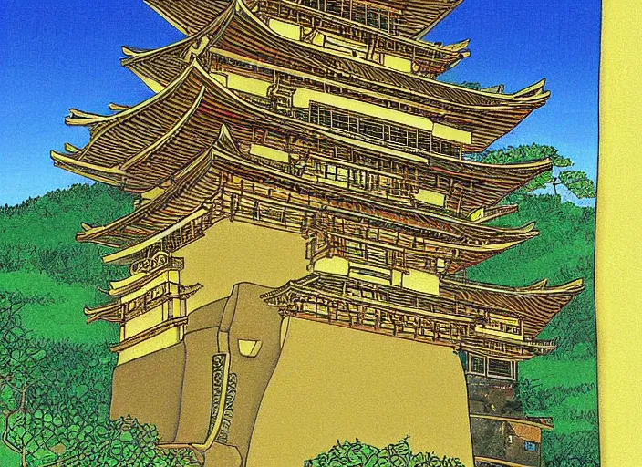 Prompt: japanese yellow fortress in a city inside the bamboo forest by studio ghibli painting