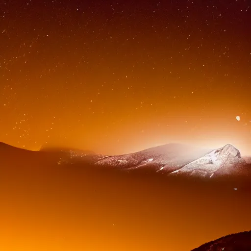 Image similar to Landscape of mountain at night with radio tower on top. Mist is covering the mountain. Yellow moon is behind radio tower.