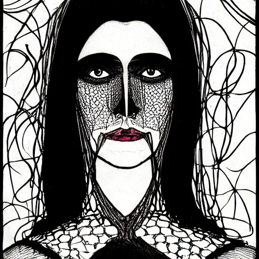 Image similar to illustration of a woman's face from front in style of harry clarke