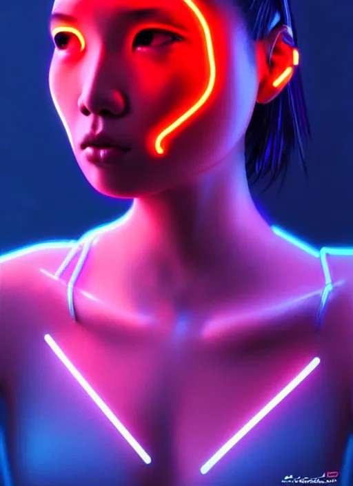 Prompt: an asian female humanoid with freckle cheeks, braided hairstyle, cyber neon lighting, futurism, cyberpunk high fashion, profile pose, hyper photorealistic, intricate futuristic jewelry details, digital photography, trending in artstation, trending in pinterest, cinematic, 4 k ultra hd, art by pascal blanche, art by artgerm, art by greg rutkowski,