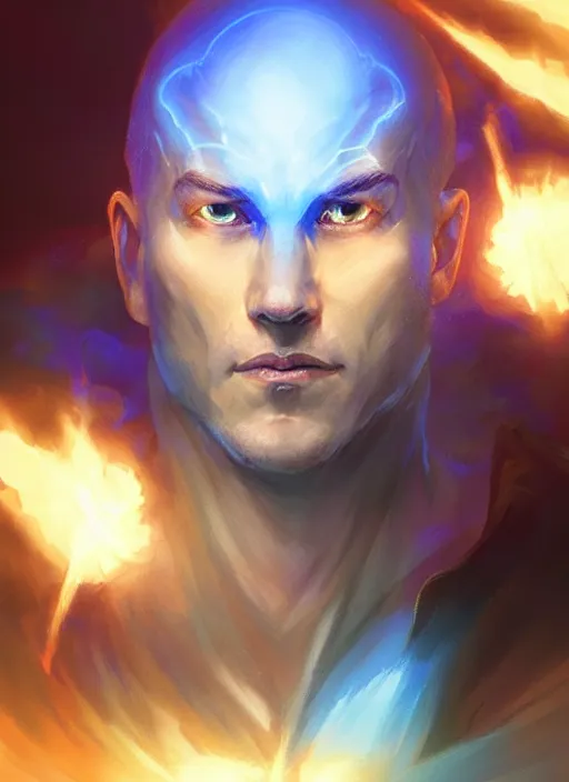 Prompt: a portrait fantastical glowing bald young monk made of blue aura and energy illustrated by artgerm and greg rutkowski