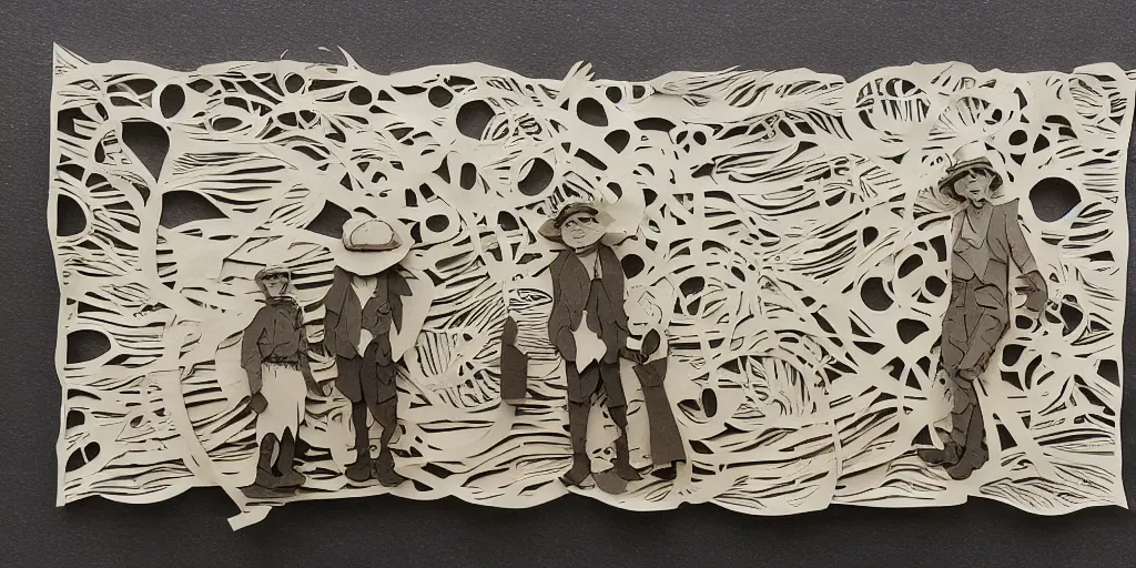 Prompt: cut paper sculpture of stylized huckleberry finn and tom sawyer