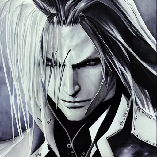 Image similar to a beautiful painting of sephiroth by yoji shinkawa, metal gear solid, strong lines, black and white, atmosphere and tension, japanese, trending on artstation