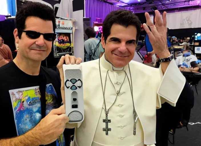 Image similar to tommy tallarico posing with the pope holding an intellivision controller at electronic gaming expo