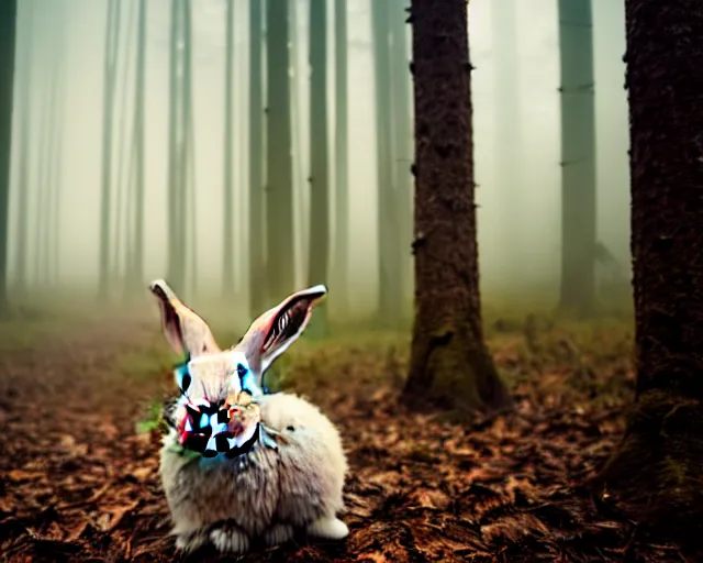 Image similar to a lomography photo of rumble between two human with rabbit head in foggy forest this morning, bokeh,