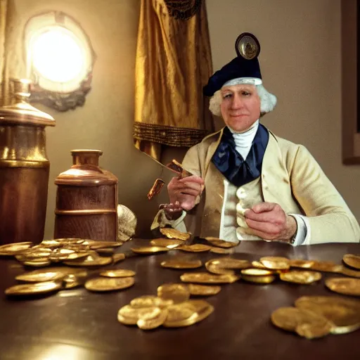 Image similar to a closeup photorealistic photograph of a happy George Washington inspecting small gold Doubloon coins at his home on Cherry Street. This 4K HD image is Trending on Artstation, featured on Behance, well-rendered, extra crisp, features intricate detail and the style of Unreal Engine.