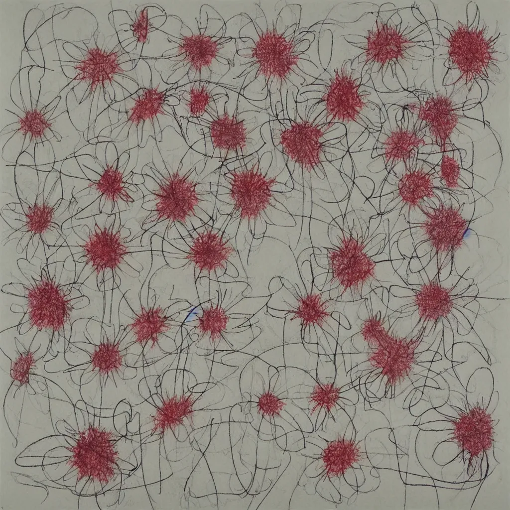 Image similar to a drawing on squared paper representing flower and stain and scribbles by cy twombly, gallery art, contemporary