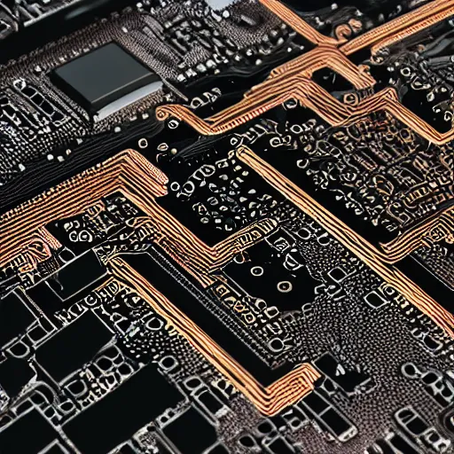 Prompt: a densely detailed black and copper computer circuit board, hyperrealistic VFX render