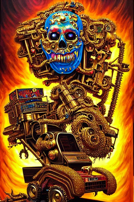 Image similar to a hyperrealistic painting of a ornate jewel embellished gold death machine spewing chunks out of a wood chipper, cinematic horror by chris cunningham, lisa frank, richard corben, highly detailed, vivid color,