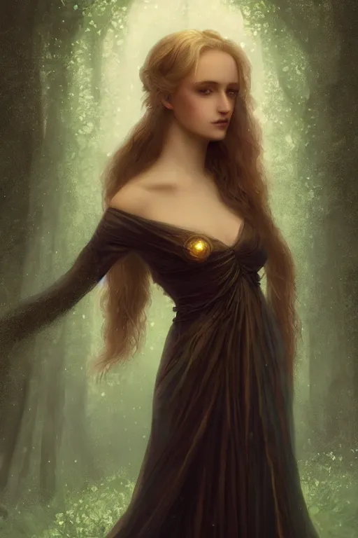 Image similar to Nocturne, glowing, stars, beautiful sly dryad, long blonde hair, highly detailed, mysterious, ethereal, autumn colored medieval gown, haute couture, illustration, dramatic lighting, soft details, painting, by Edmund Blair Leighton, Brom, Charlie Bowater, trending on artstation, faces by otto schmidt