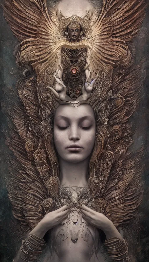 Image similar to wet plate photography of goddess with one wing reaching infinity and hungry souls around surrealistic intricate face, broken parts by klimt, artificial nightmares drawn by peter mohrbacher, zdzisław beksinski and thu berchs james gurney unreal engine octane, trending on artstation.