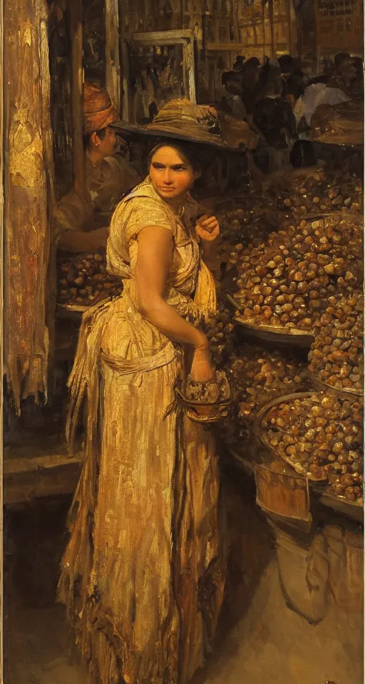 Image similar to young woman standing in a spice market at night by theodore ralli and nasreddine dinet and anders zorn and nikolay makovsky and edwin longsden long, oil on canvas, masterful intricate artwork, excellent lighting, high detail 8 k