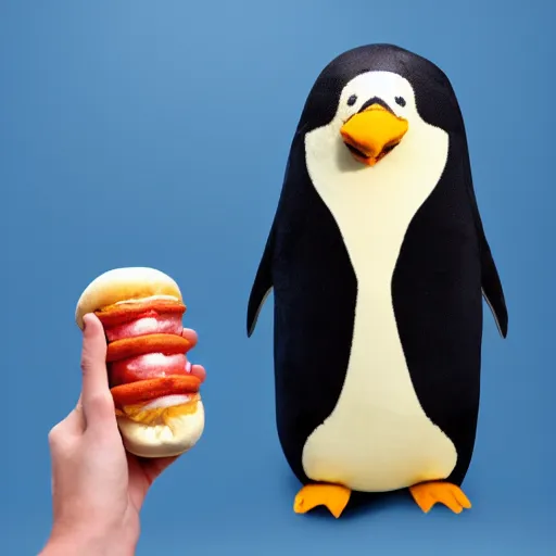 Prompt: A penguin plush holding a hotdog. Beautifully made, detailed, cute, soft. High quality, studio lighting, product image