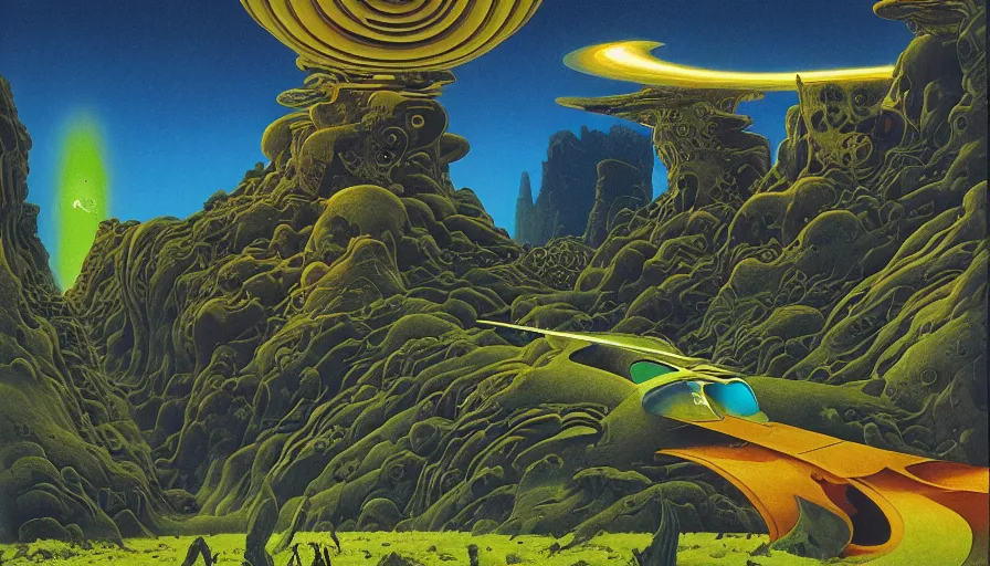 Image similar to psychedelic surreal alien landscape, by roger dean, by dean ellis, detailed high resolution, atmospheric environment, oil on canvas