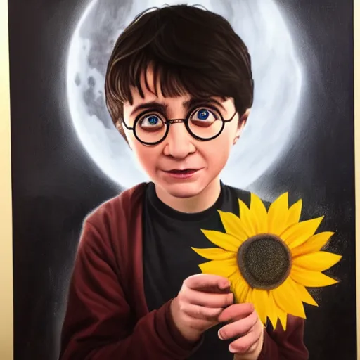 Prompt: hyperrealism portrait where harry potter appears holding and smelling a sunflower, in the background is the moon