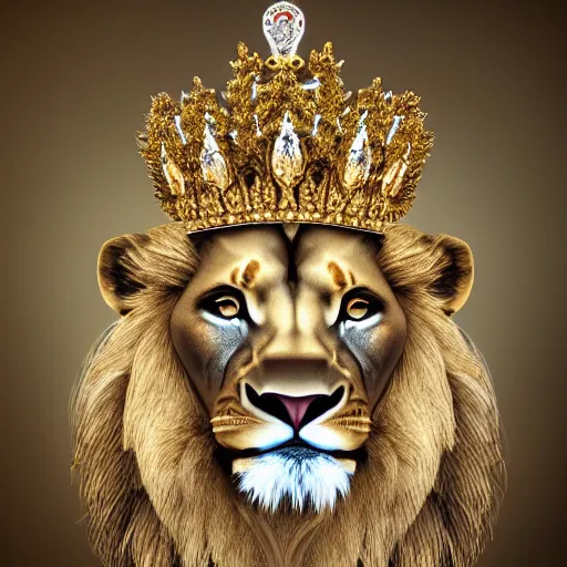 Image similar to a lion emperor adorned in jewels. hyper realistic, king, gold crown, portrait