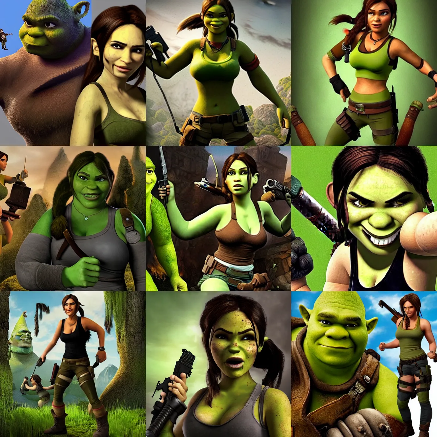 Prompt: Lara Croft merges with Shrek creating an unstoppable force, rendering, scary, horrific, monstrosity, disgusting,