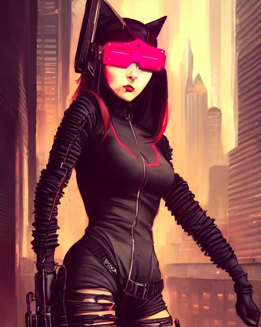 Prompt: female rouge cat assassin, wearing cyberpunk intricate streetwear, beautiful, detailed portrait, cell shaded, 4 k, concept art, by wlop, ilya kuvshinov, artgerm, krenz cushart, greg rutkowski, pixiv. cinematic dramatic atmosphere, sharp focus, volumetric lighting, cinematic lighting, studio quality