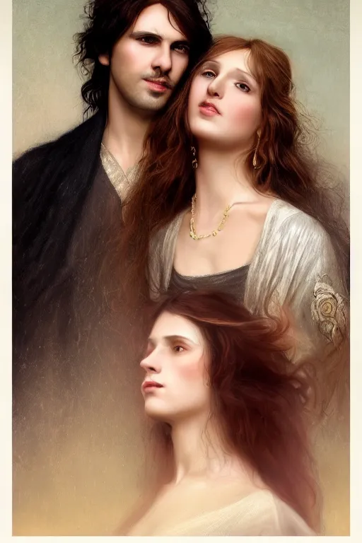 Image similar to a portrait of handsome young male rock star with long hair and his elegant beautiful bohemian wife, bored, illustration, dramatic lighting, soft details, painting oil on canvas, art nouveau, octane render, HDR, 4k, 8k, HD, by Edmund Blair Leighton, Brom, Charlie Bowater, trending on artstation, faces by Tom Bagshaw, Sargent