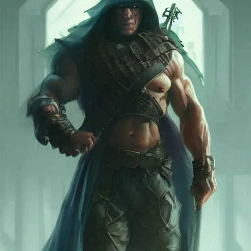 Image similar to john cena as a rogue, d & d, fantasy, highly detailed, digital painting, artstation, concept art, matte, sharp focus, illustration, art by greg rutkowski and alphonse mucha