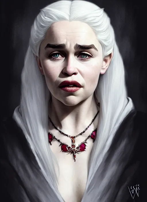 Prompt: portrait of emilia clarke with white hair as a vampire lord, jewelry, greek, ruby, intricate, headshot, highly detailed, drawn with pencil, black and white, artstation, concept art, sharp focus, cinematic lighting, illustration, art by artgerm and greg rutkowski, alphonse mucha, cgsociety
