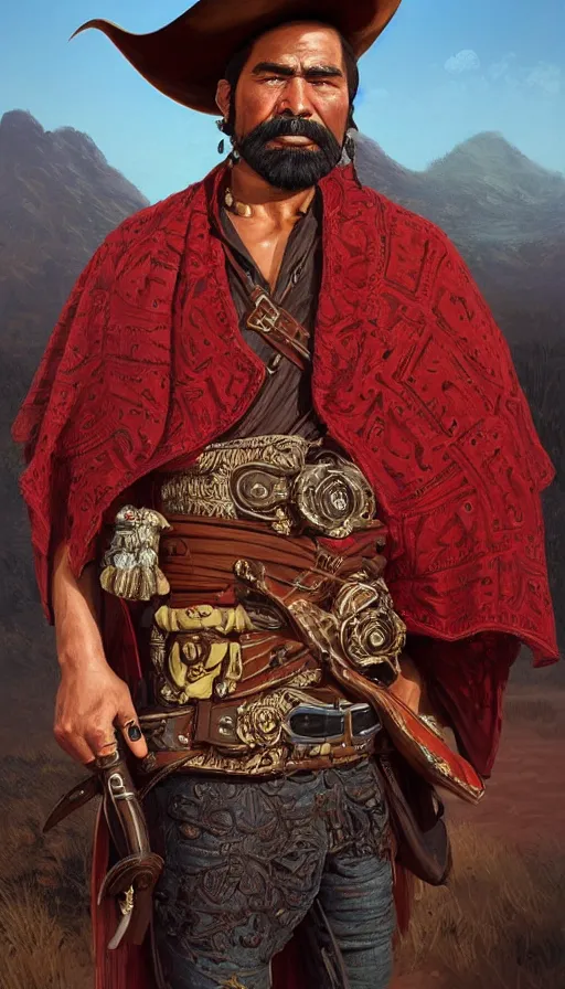 Prompt: ferocious bandido leader full body portrait, forajido cowboy, stern look, late xix century red and carmesi gaucho style, ornate poncho, steppe background, highly detailed, digital painting, character design, artstation, concept art, art by Artgerm, Greg Rutkowski, Craig Mullins, Stanley Artgerm Lau, WLOP, Ross tran, James Jean, red dead redemption, magic the gathering, digital art - W 640